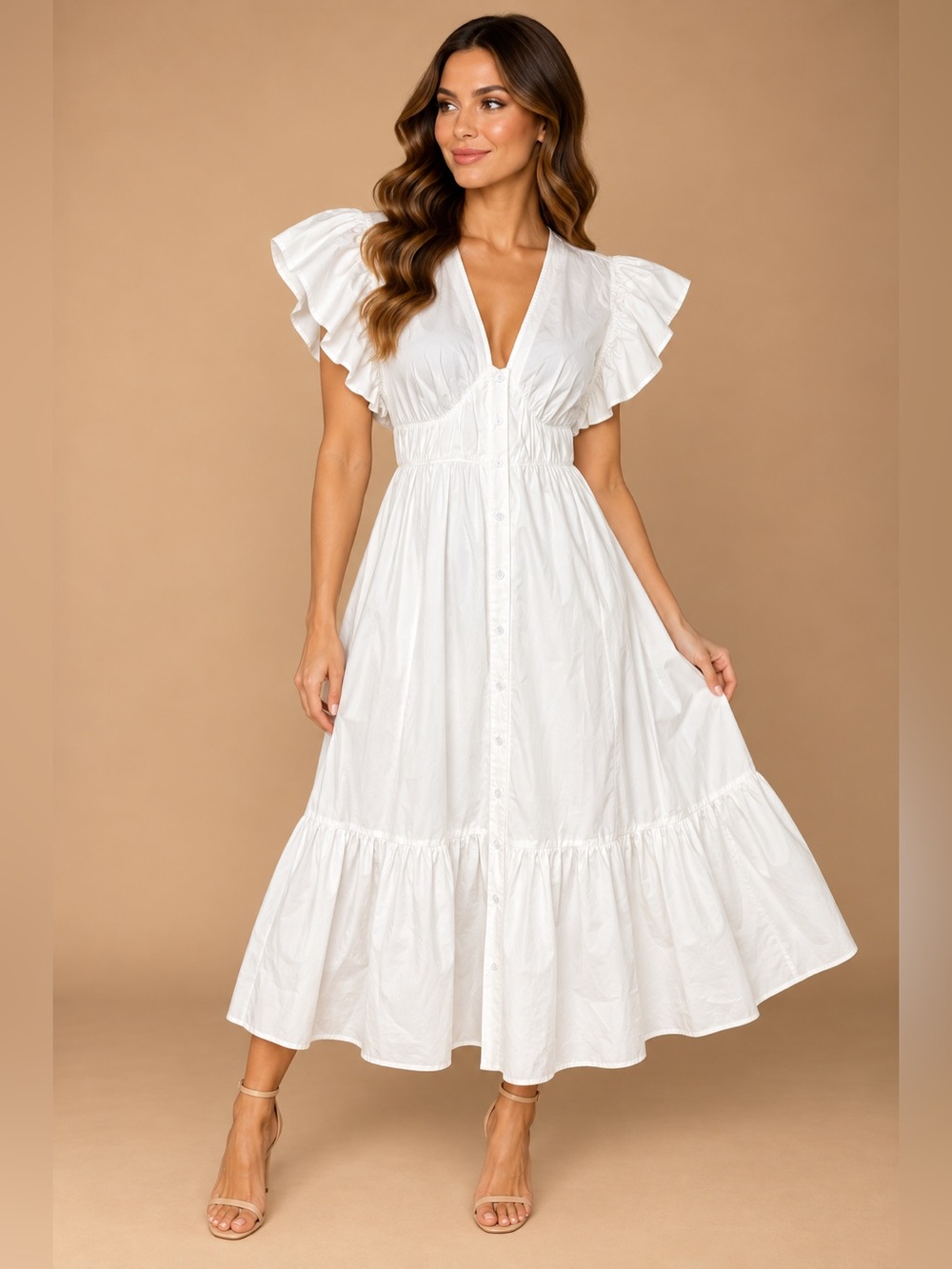10 Crosby Derek Lam White Button-Front Maxi Dress with Flutter Sleeves